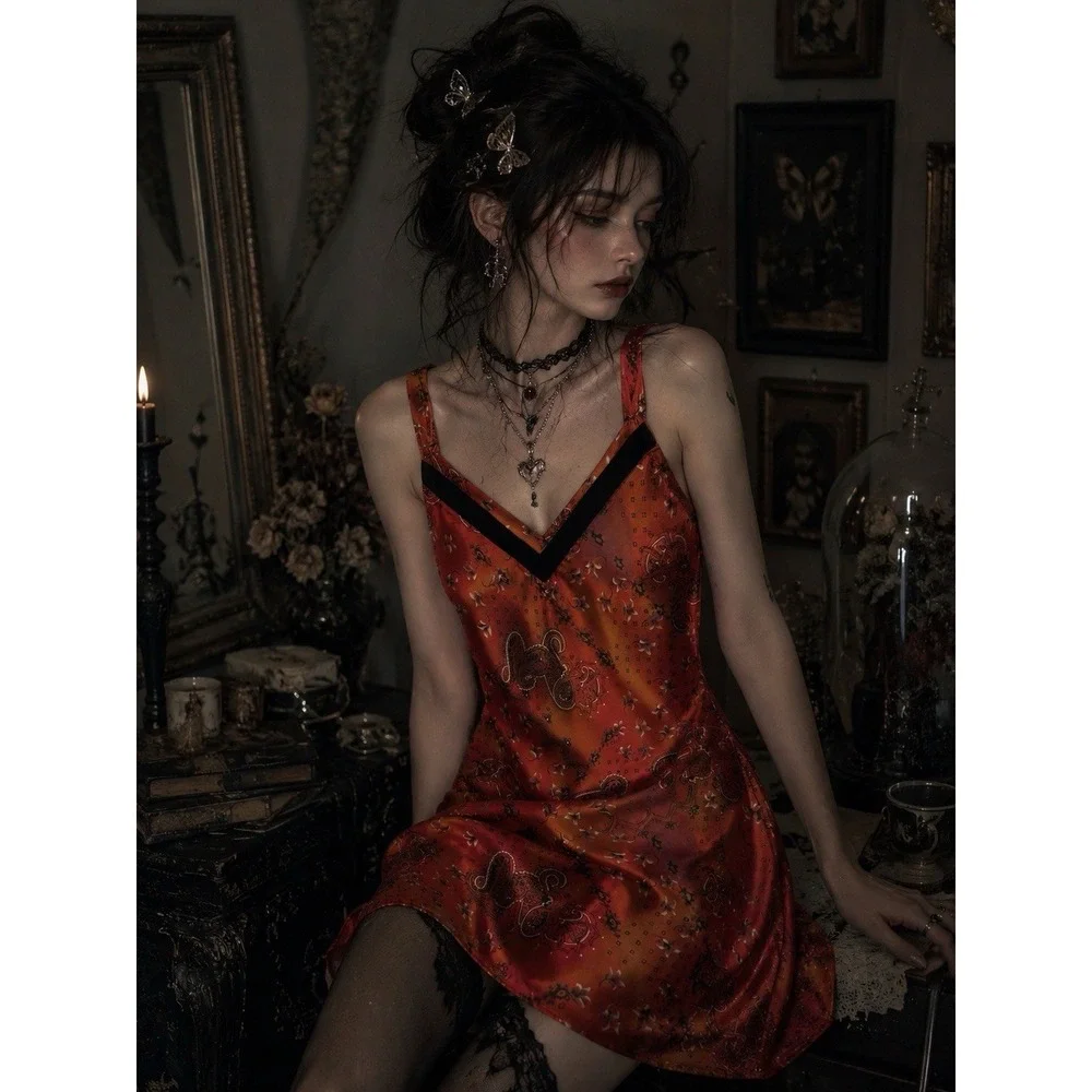VTG whimsigoth Satin Slip Dress Red Paisley Fairy Grunge Y2K Velvet Trim M 0362 - Picture 1 of 7
